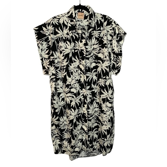 (nude) Italy Button Front Short Sleeve Tropical Black Cream Shirt Dress 44/US 8 - Picture 12 of 13